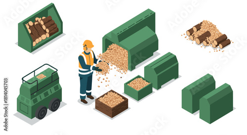 Isometric wood processing equipment with worker and machinery elements