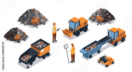 Construction equipment and workers in isometric style with debris piles