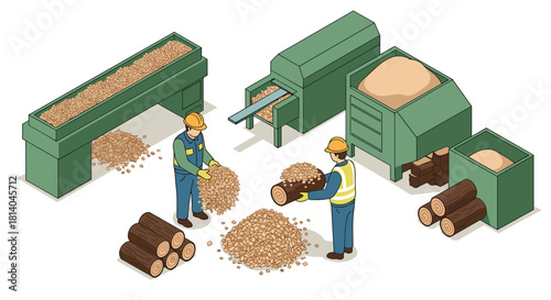 Isometric wood processing workers, machines, and logs in sawmill setup