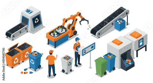 Isometric recycling facility with automated sorting and conveyor system