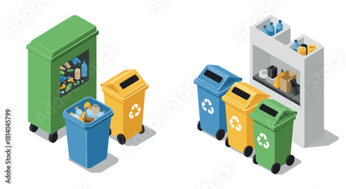 Isometric recycling bins and waste sorting station for ecofriendly environments