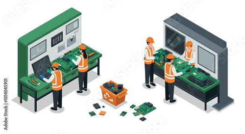 Isometric electronics workshop with engineers assembling circuit boards