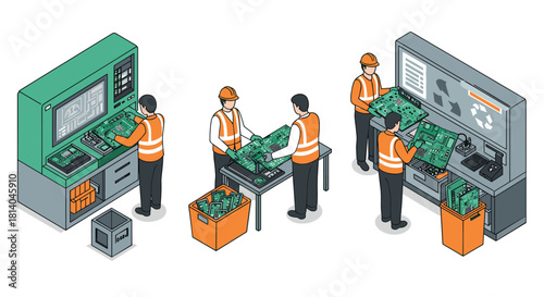 Electronic waste recycling process with workers in isometric style