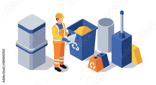 Waste management worker with recycling containers in 3d isometric style