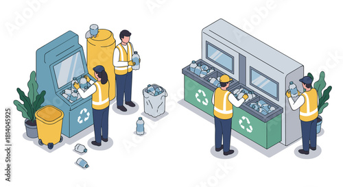 Isometric recycling center workers sorting plastic at waste stations