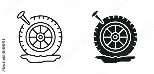 Flat tire with nail icon set in outline and silhouette style, representing vehicle damage, auto repair, and roadside emergencies, vector illustration.