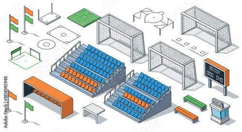 Isometric sports stadium elements including seating, goals, scoreboard, and flags