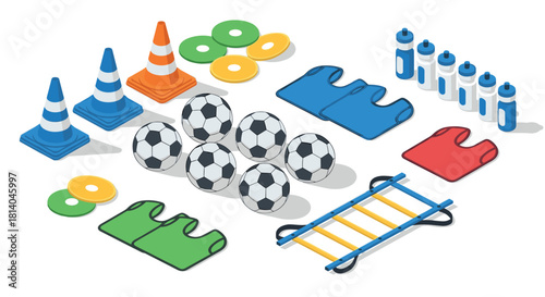 Isometric sports training equipment set: cones, soccer balls, and accessories for fitness and coaching