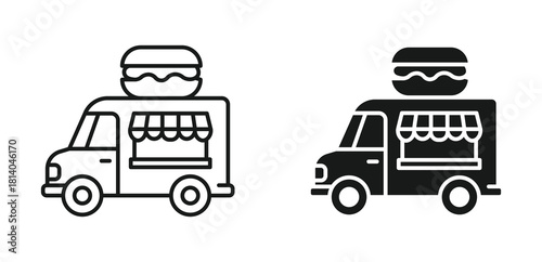 Food truck icon set in outline and silhouette style, representing street food, mobile kitchen, and dining services, vector illustration.