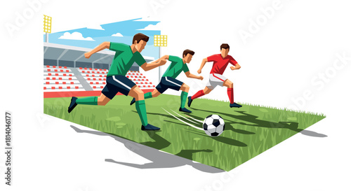 Dynamic soccer match in action on green field with stadium background and players in motion