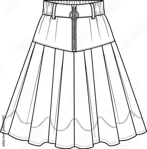 High waist skirt technical fashion sketch, pleated hem, scalloped edge, belt with buckle, zipper front, garment design, vector illustration, apparel template, 