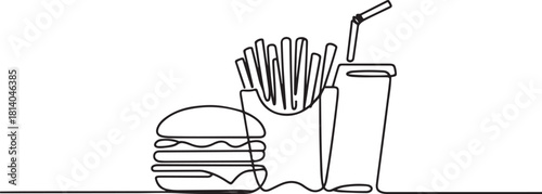 Continuous Line Drawing of Fast Food Meal. line icon-continuous line drawing. one line Icon drawing with white background