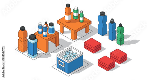 Isometric beverage bottles and coolers with ice and tables in a minimalist style