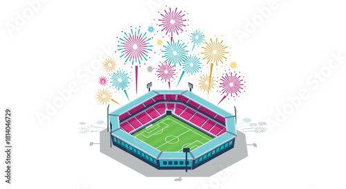 Colorful fireworks above a hexagonal soccer stadium in isometric style