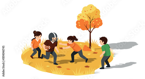 Children playing touch football in autumn park with colorful leaves and trees