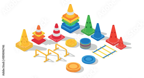 Colorful isometric traffic cones and sports equipment for training and exercise