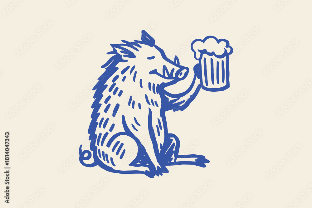 Obraz premium Wild boar with beer mug hand-drawn sketch vector illustration