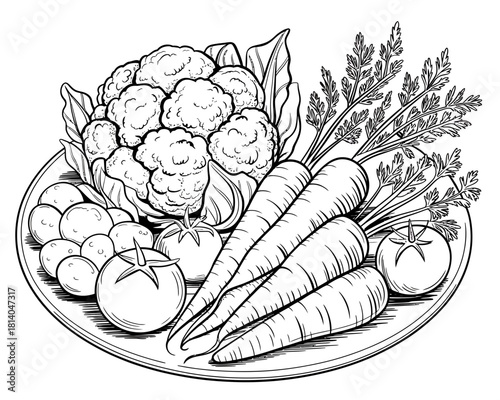 Fresh vegetables on a plate line drawing