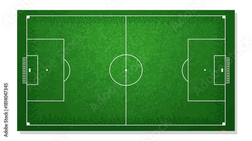 Top down flat illustration of a vibrant green soccer field with subtle grass texture and clean graphic style