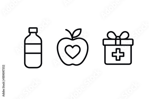 Simple icons of healthy living water bottle, apple, and gift with cross