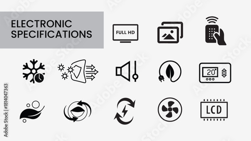 Electronic Product Specifications Icon Set: Display, Energy, and Performance