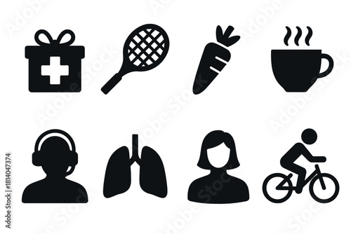 Health and lifestyle icons gift, tennis, nutrition, wellness