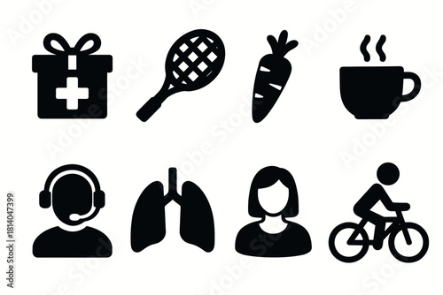 Minimalist icons health, fitness, and wellness essentials
