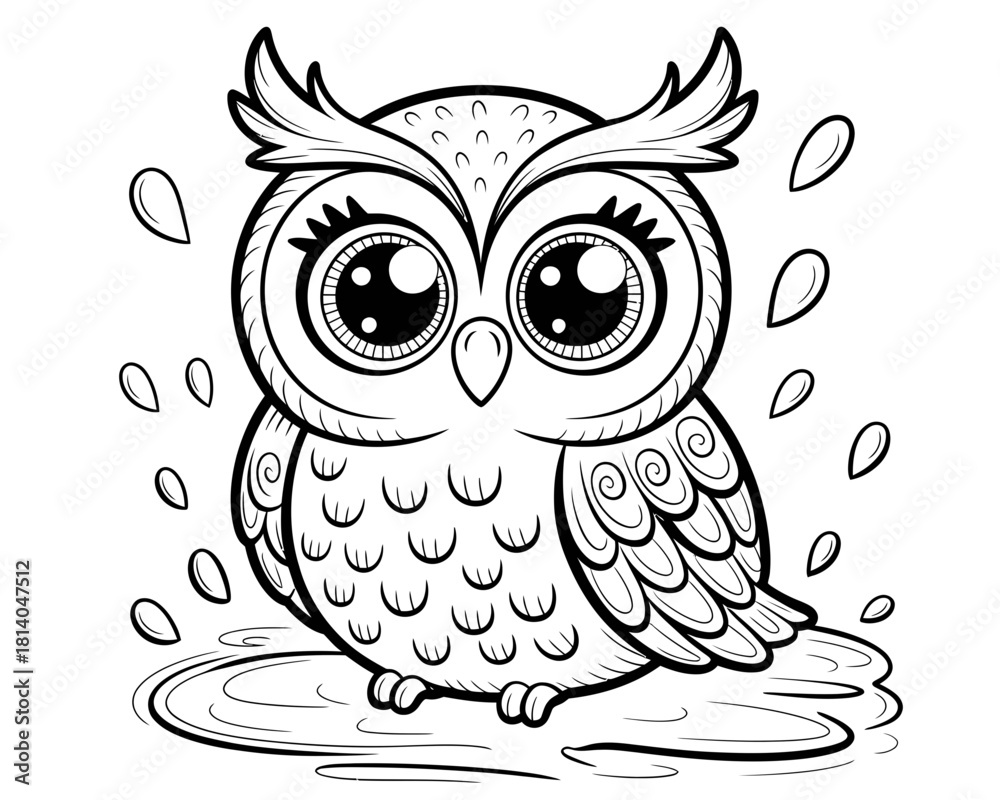 Fototapeta premium Cute cartoon owl with big eyes and feathers