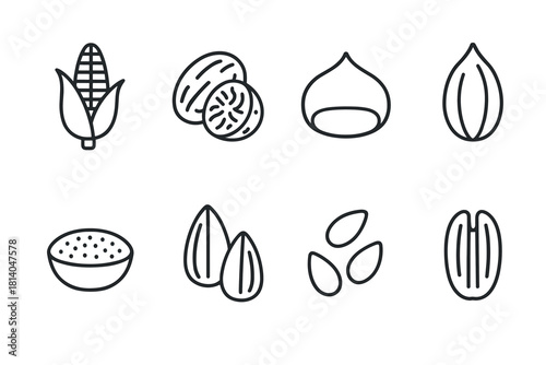 Minimalist outline icons of various nuts and seeds