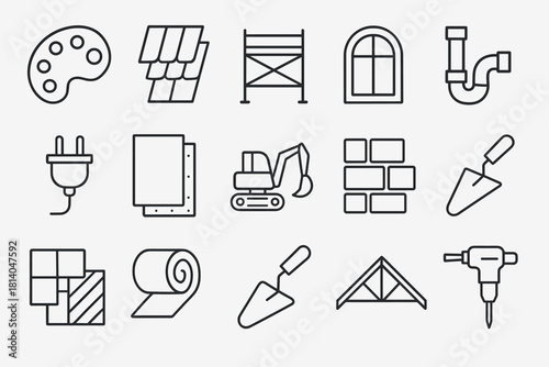 Construction and home improvement icons in linear style for design projects