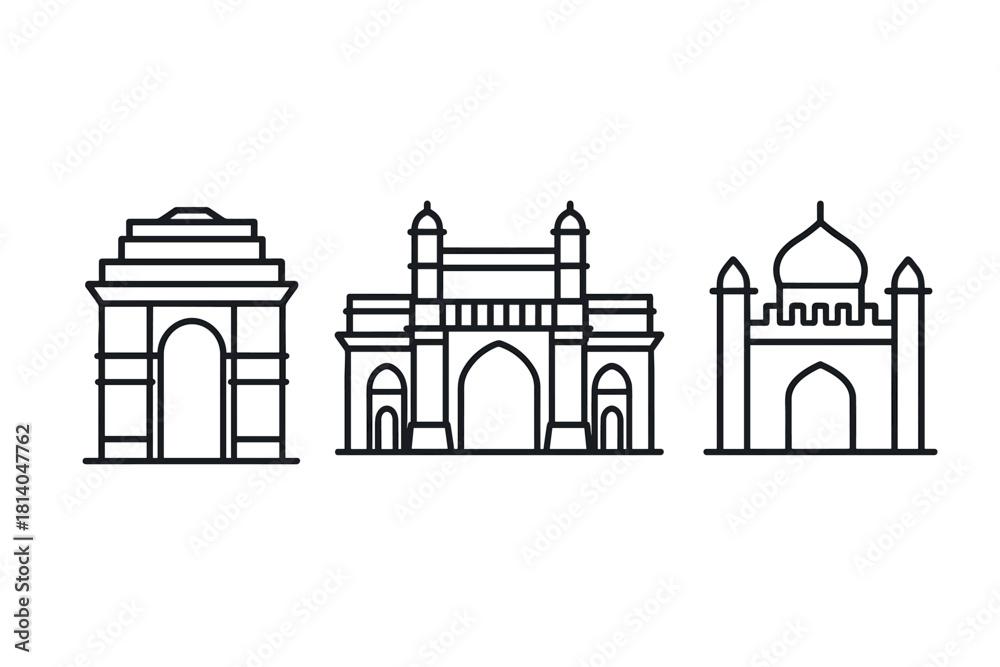 Fototapeta premium Iconic indian architecture monuments in minimalist outline style