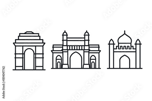 Iconic indian architecture monuments in minimalist outline style