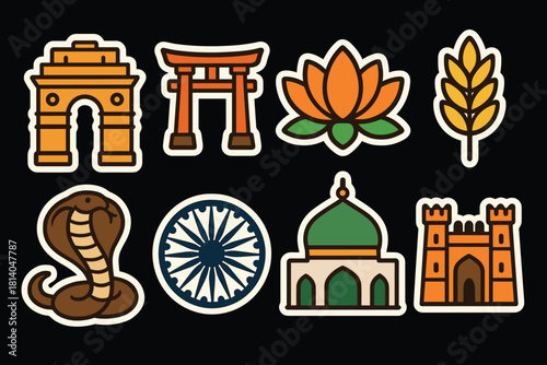 Colorful indian cultural icons in sticker style on black background
