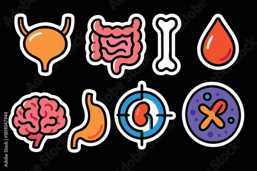 Colorful cartoon stickers of human organs on black background