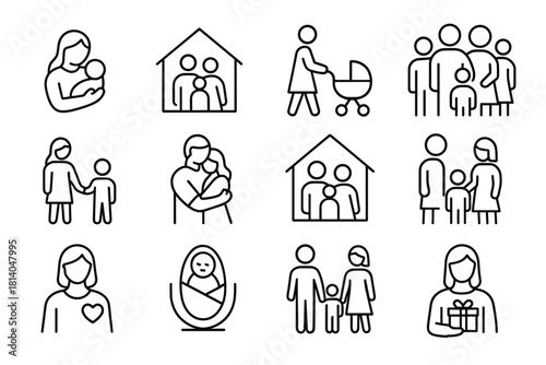 Minimalist family icons collection featuring parenting and social interaction themes