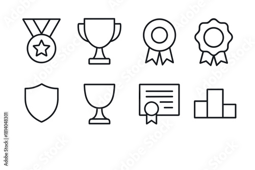 Minimalist outline icons of awards and trophies for achievement recognition