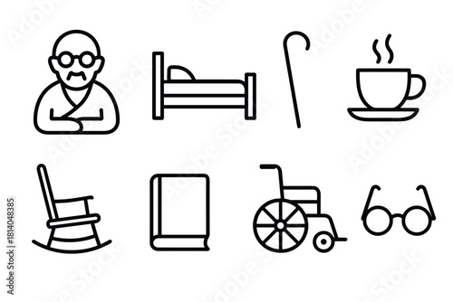 Elderly care icons set featuring everyday essentials in linear style