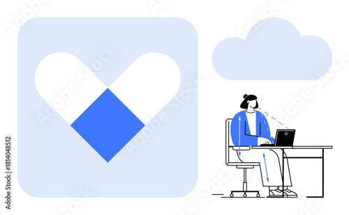 Remote work concept. A worker sits at a desk using a laptop alongside a cloud computing graphic. Remote work s cloud benefits, connectivity, and modern digital collaboration. Relevant for technology
