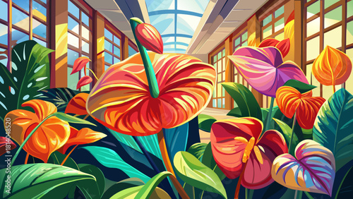 Very beautiful colorful anthurium flowers with glossy petals displayed in a bright indoor space, where natural light enhances the rich pink and orange hues, creating a stunning and vibrant tropical 