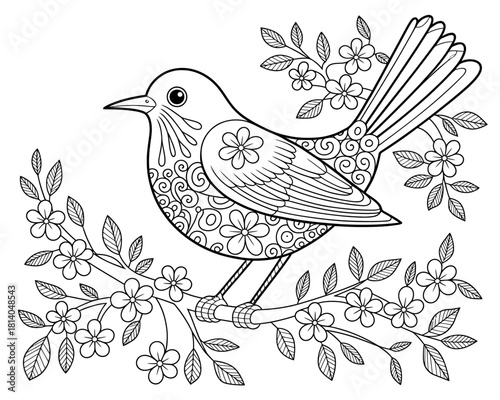 Intricate black and white bird perched on a flowering branch
