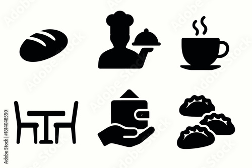 Simple food and dining icons bread, chef, coffee, seating, wallet, dumpling