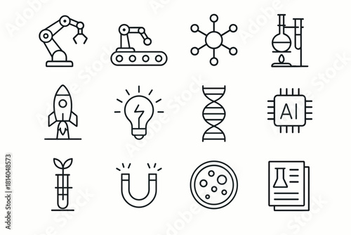 Science and technology icons featuring robotics and innovation in a minimalistic style