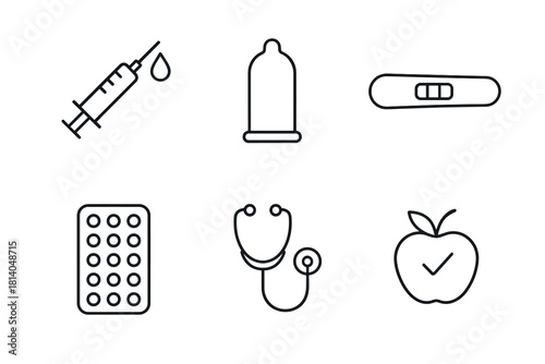 Essential healthcare icons syringe, stethoscope, pregnancy test, and more in linear style