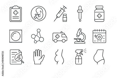 Medical and healthcare icons set featuring maternity, medication, and research symbols in minimalist design