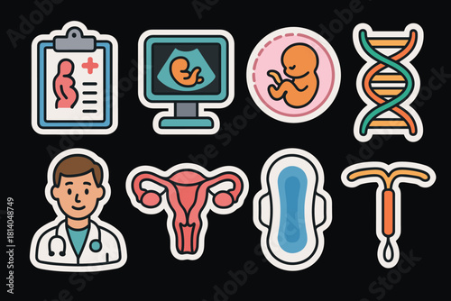 Medical icons set featuring pregnancy, reproductive health, and genetics in flat style