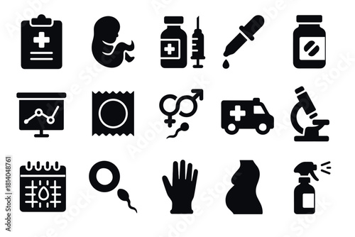 Healthcare and medical icons set pregnancy, medicine, and research themes in black silhouette style