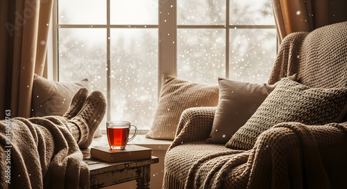 Cozy Winter Retreat: A person relaxes by a window, warm comfort inside the tranquil scene. a cup of tea, a book, and a comfy blanket. Outside the glass window, snowflakes fall gently.
