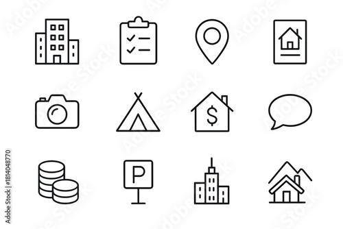 Minimal linear icons for real estate, travel, and urban planning themes