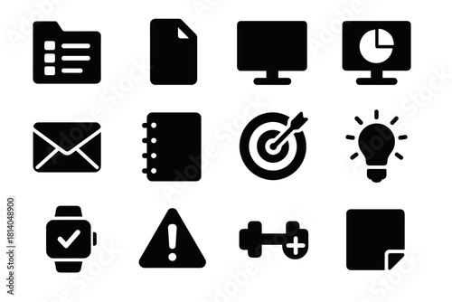 Silhouette icons for business technology and office tasks