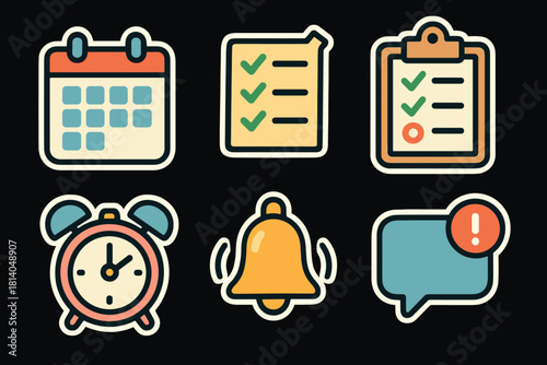 Colorful icon set featuring calendar, checklist, clipboard, alarm, bell, and notification
